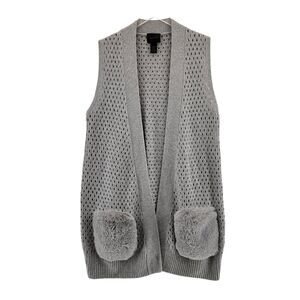Magaschoni 100% Cashmere Tunic Sweater Vest Size Large Gray Faux Fur Pockets